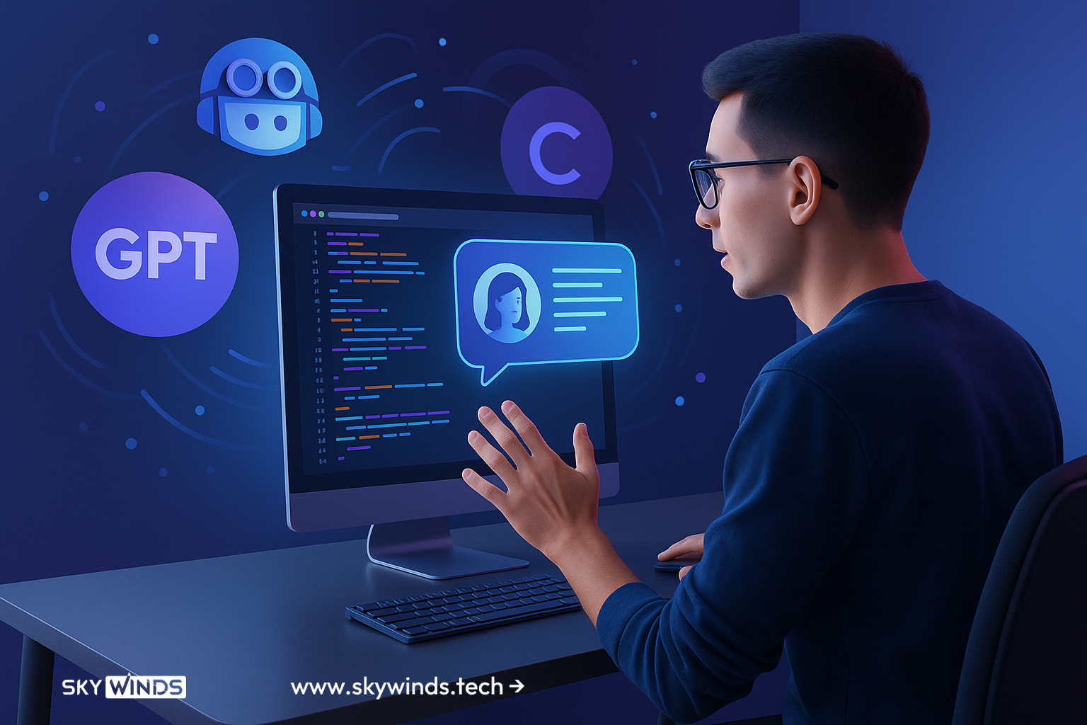 Illustration of a software developer using a computer to code, surrounded by data charts and UI elements, with a clean pastel color palette suggesting modern AI-assisted development workflows.