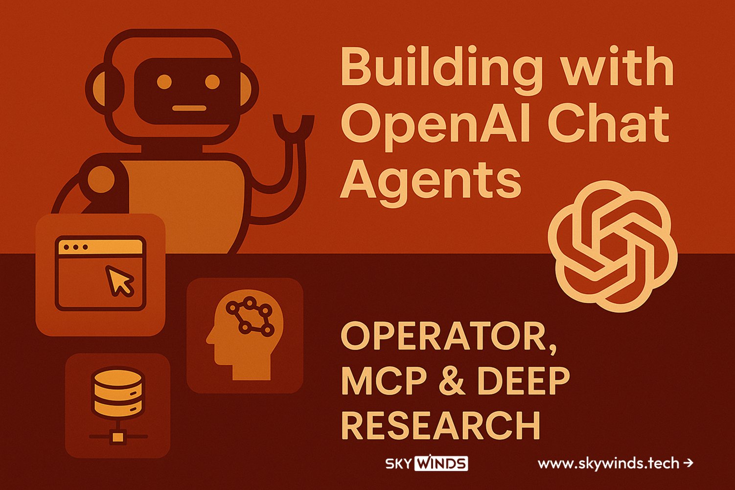 Illustration of an AI agent using OpenAI Operator, Deep Research, and MCP tools to automate workflows, research, and web actions in a warm color scheme.