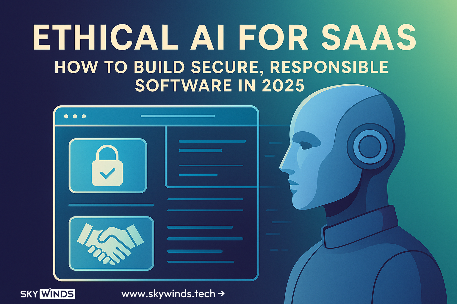 Illustration of a humanoid AI judge with glowing eyes holding a gavel, symbolizing regulatory oversight and ethical AI compliance for SaaS in 2025.